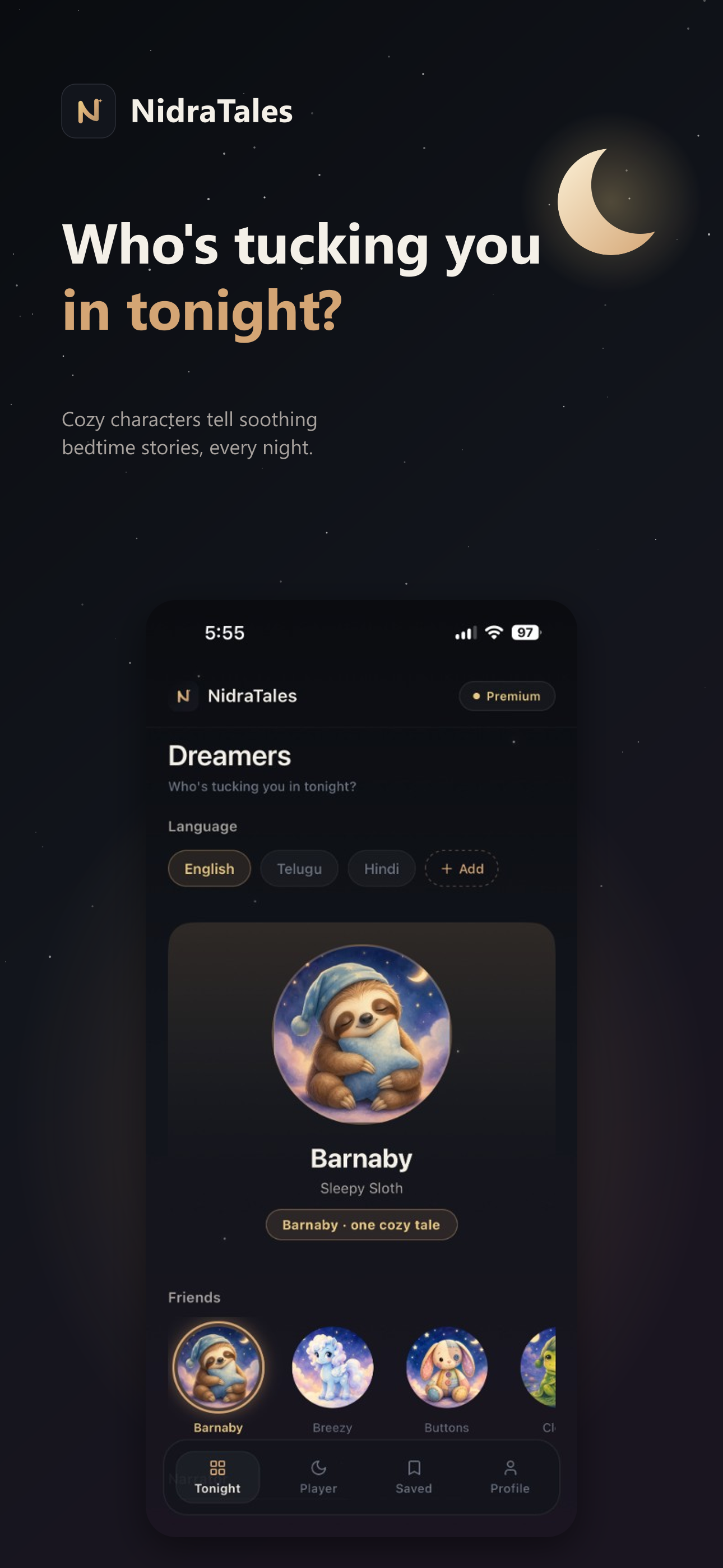 NidraTales — Dreamers and language picker
